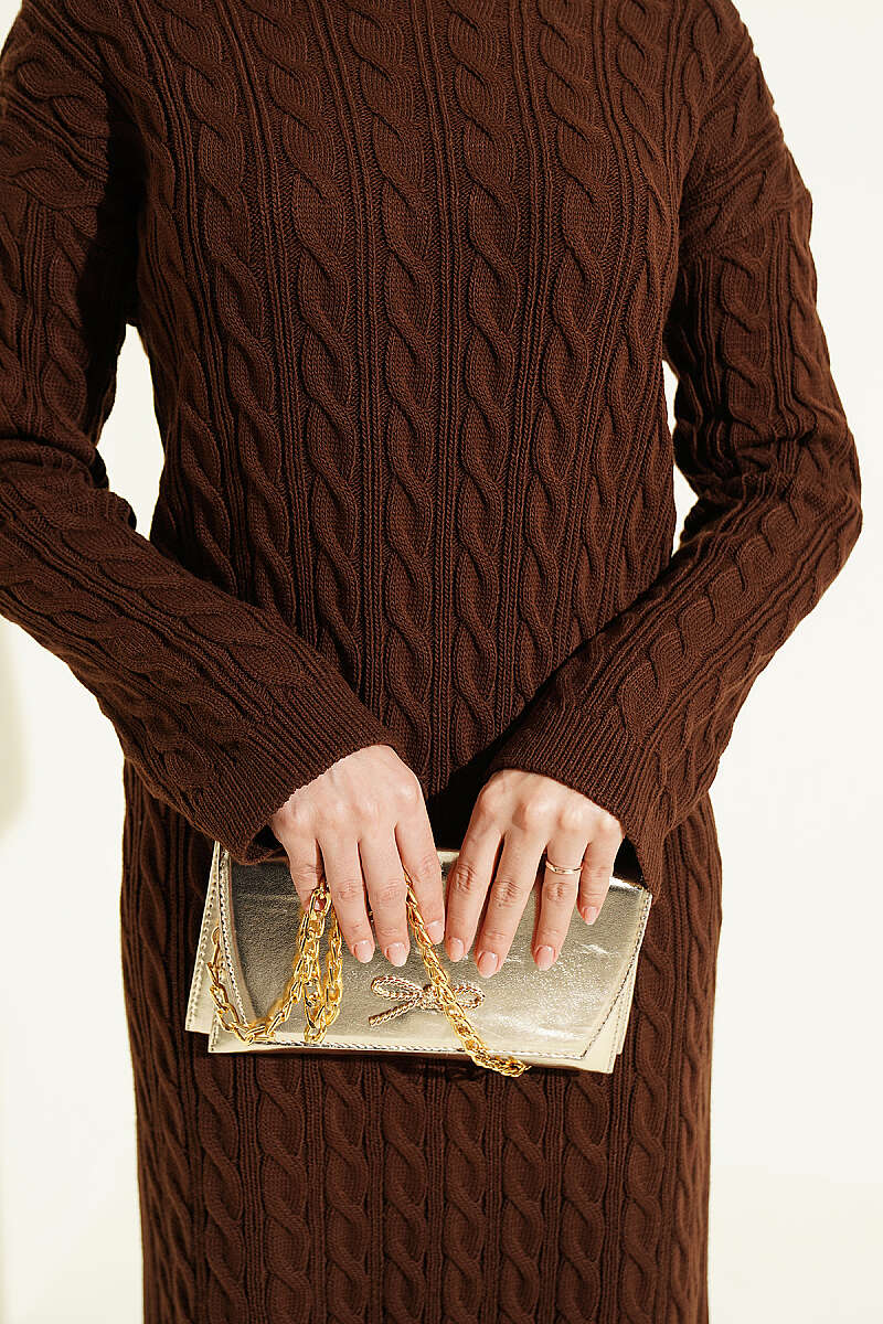 Patterned Knitted Hair Cable Dress Brown - Imagen 4