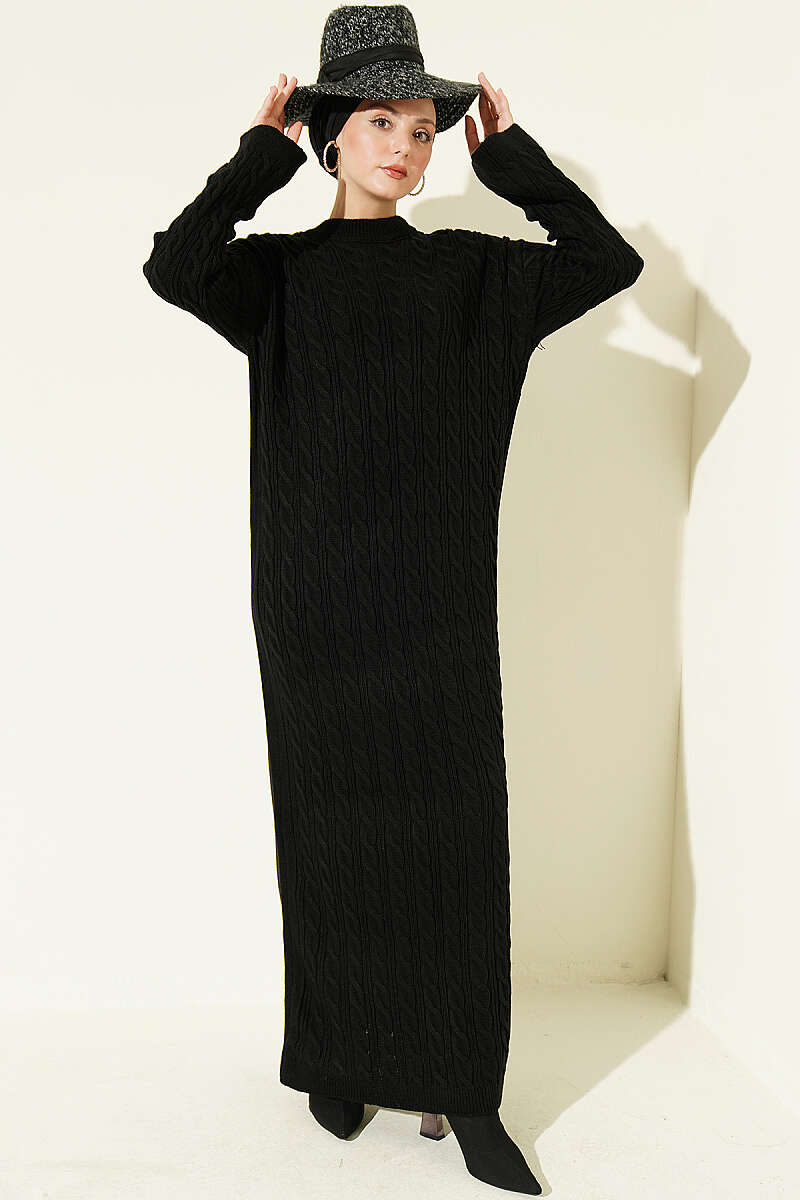 Patterned Knitted Hair Cable Dress Black