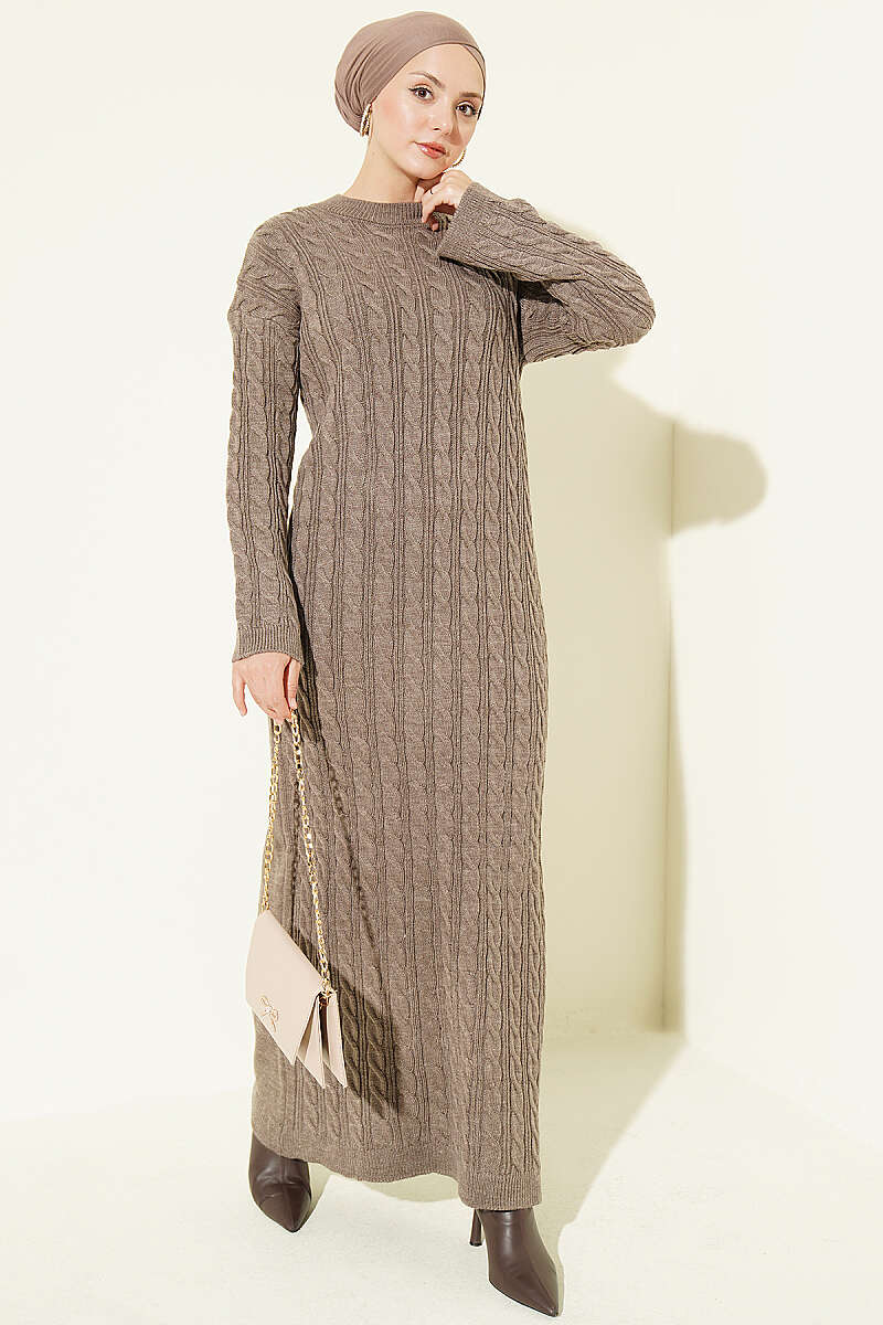 Patterned Knitted Hair Cable Dress Mink