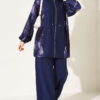 Patterned Satin Two-Piece Set with French Terry Accents Navy Blue