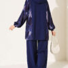Patterned Satin Two-Piece Set with French Terry Accents Navy Blue – Bild 3