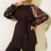 Patterned Satin Sleeved Loisha Two-Piece Set Brown - immagine 2