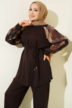 Alternative view of Patterned Satin Sleeved Loisha Two-Piece Set Brown