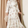 Printed Ruffled Satin Dress Beige