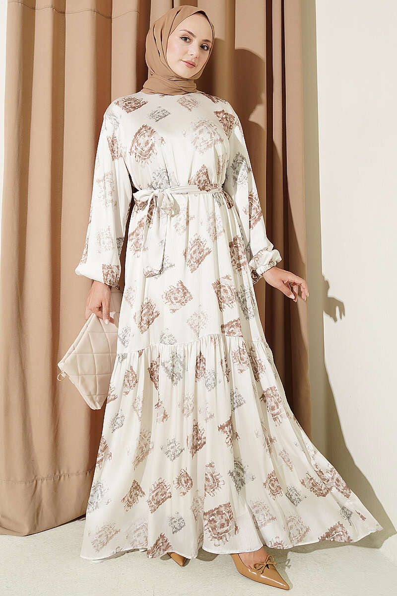 Printed Ruffled Satin Dress Beige