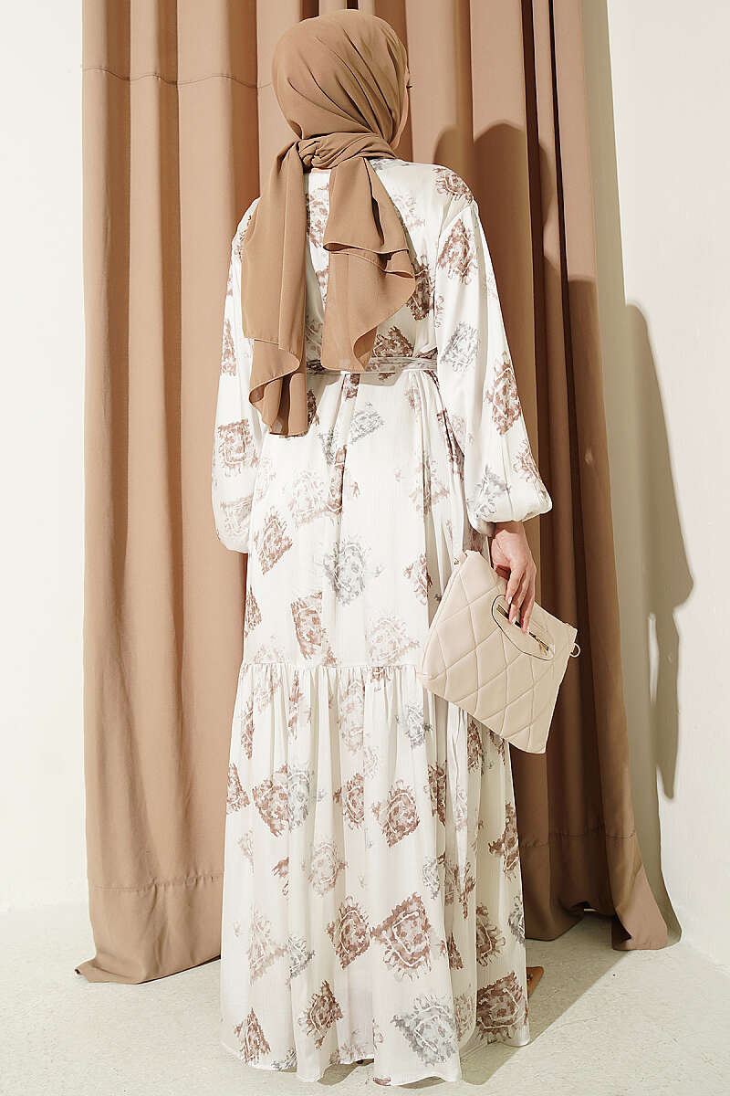 Printed Ruffled Satin Dress Beige - immagine 3