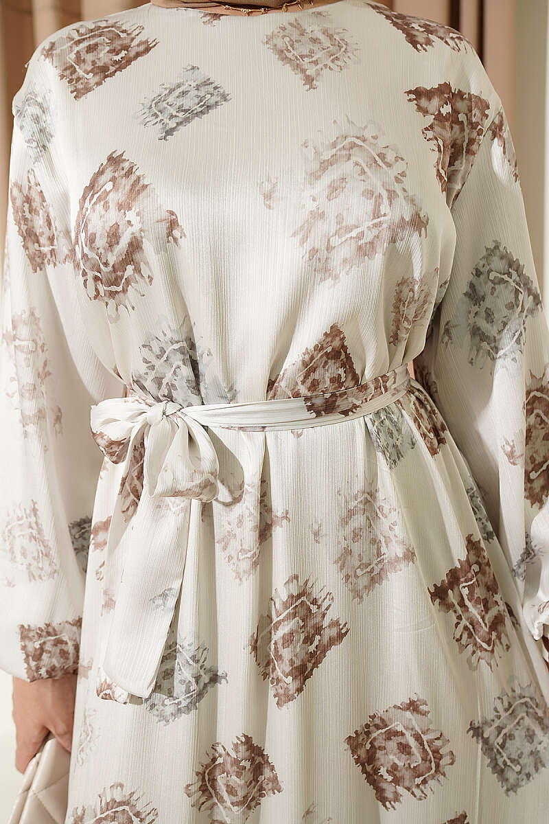 Printed Ruffled Satin Dress Beige - immagine 4