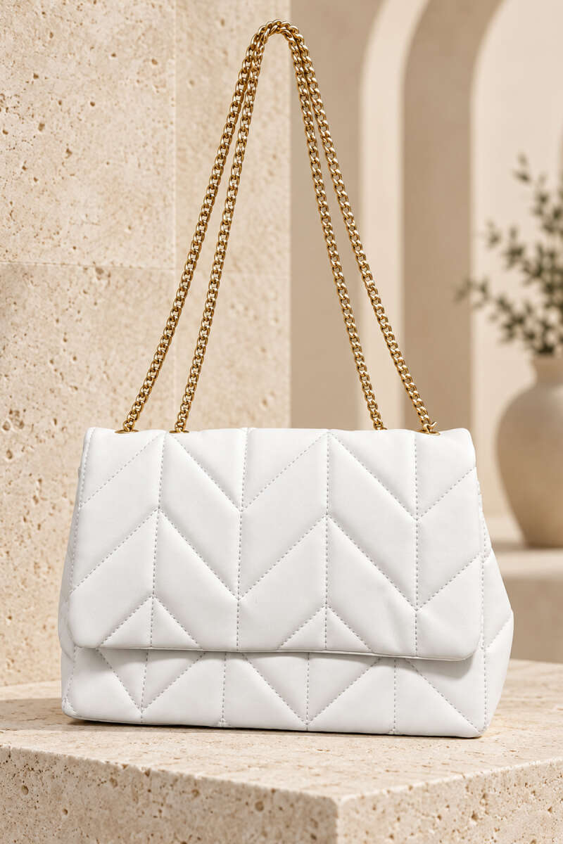 Patterned Chain-Detail Bag White