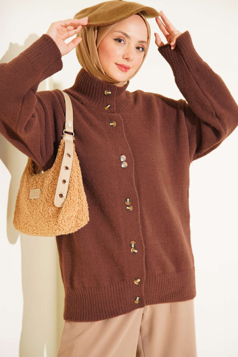 Button-Detail V-Neck Cardigan with Beard Knit Brown