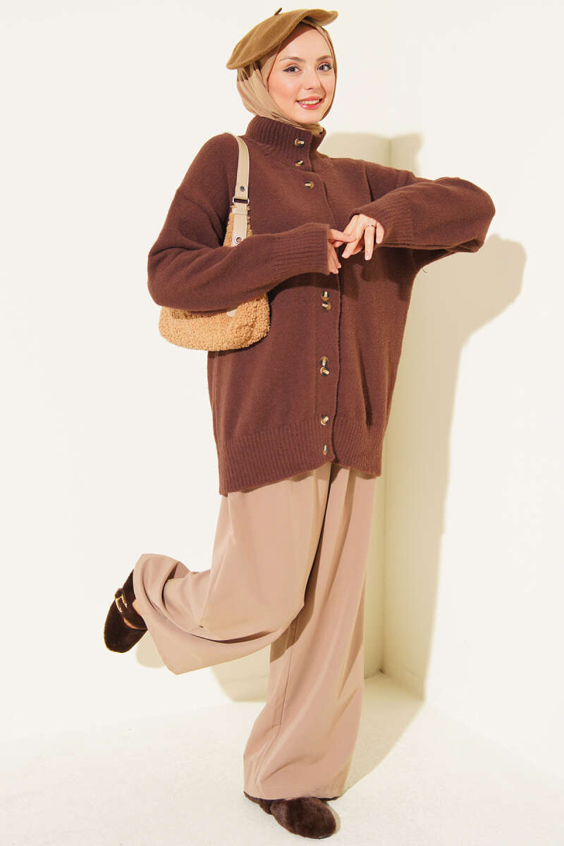 Button-Detail V-Neck Cardigan with Beard Knit Brown - Afbeelding 2