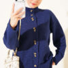 Button-Detail V-Neck Cardigan with Beard Knit Navy Blue