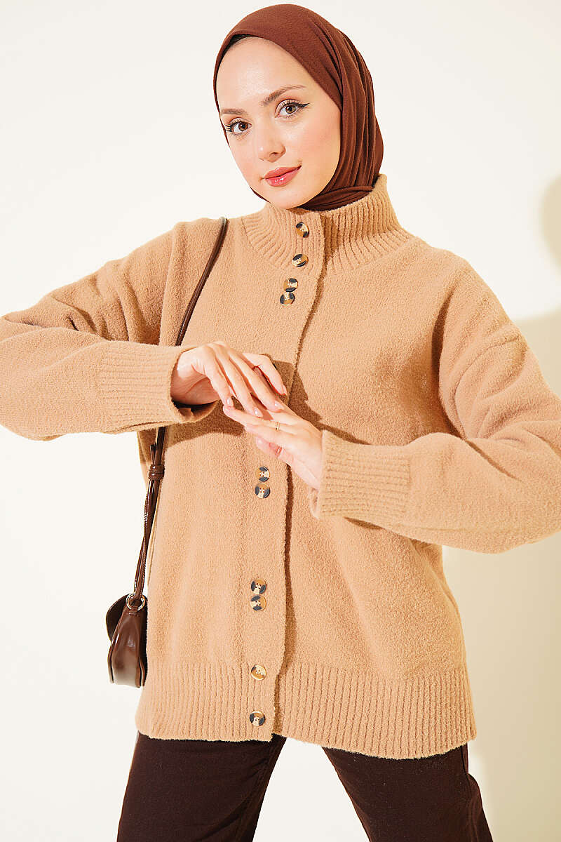 Button-Detail V-Neck Cardigan with Beard Knit Latte