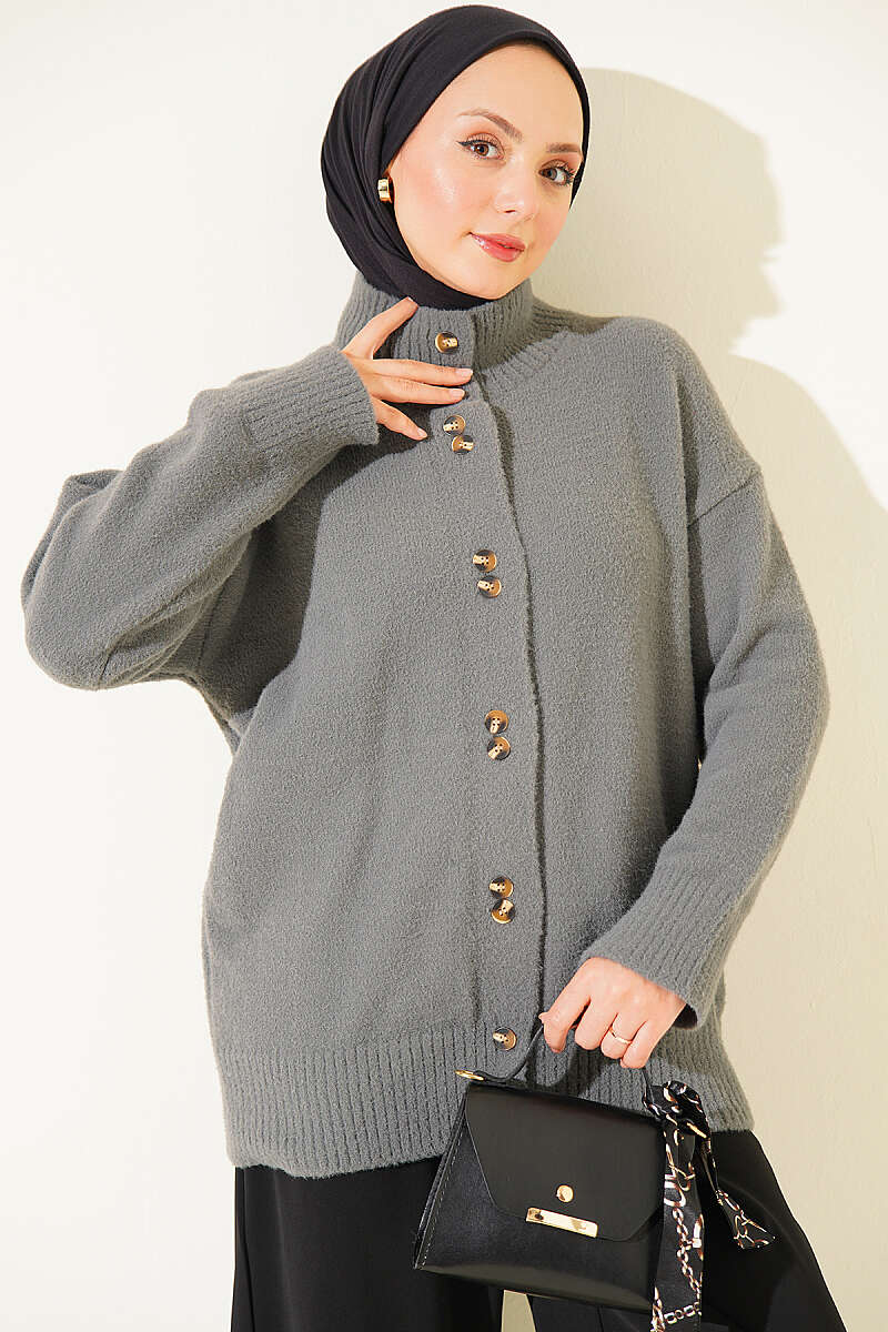 Button-Detail V-Neck Cardigan with Beard Knit Grey