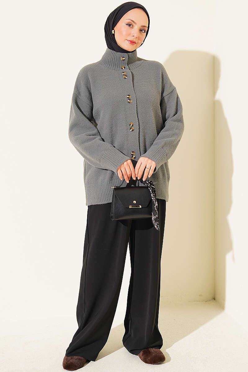 Button-Detail V-Neck Cardigan with Beard Knit Grey - Afbeelding 2