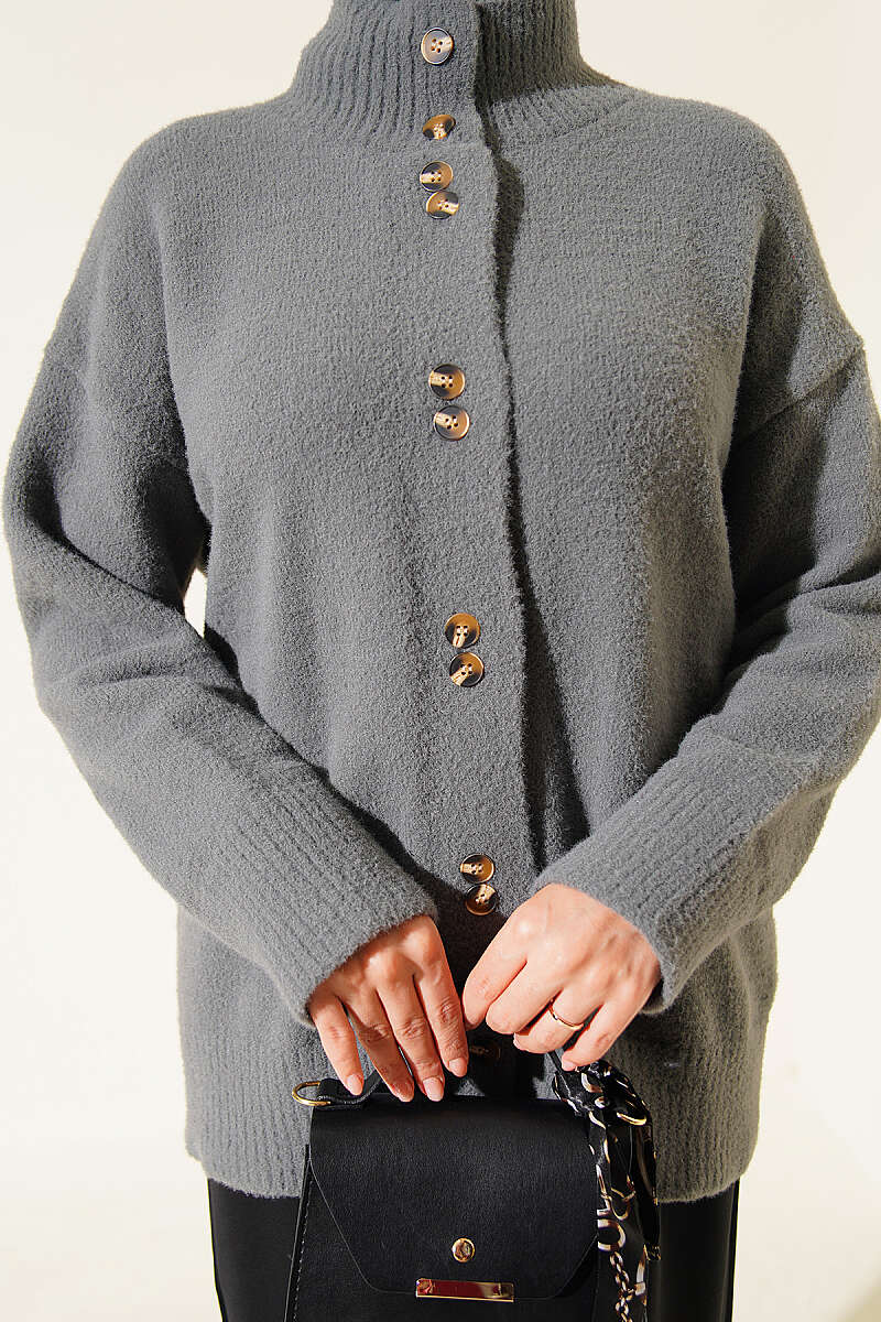 Button-Detail V-Neck Cardigan with Beard Knit Grey - Afbeelding 4