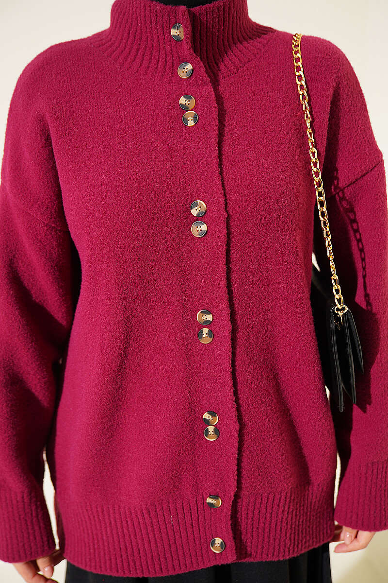 Button-Detail V-Neck Cardigan with Beard Knit Plum – Image 4