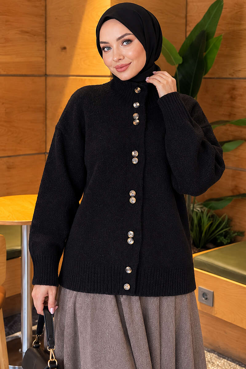 Button-Detail V-Neck Cardigan with Beard Knit Black - الصورة 3