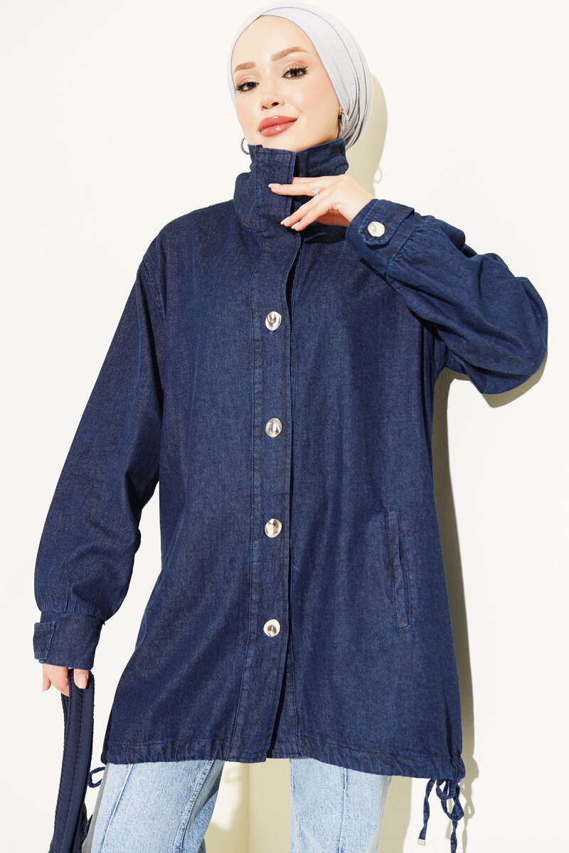 V-Neck Hem-Edge Gathered Cover-up Navy Blue