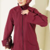 Ribbed High-Collar Zip-Up Coat Burgundy