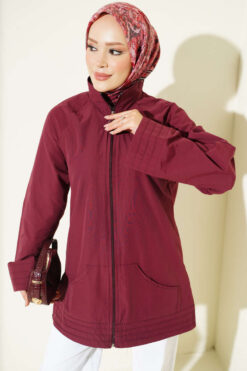 Ribbed High-Collar Zip-Up Coat Burgundy
