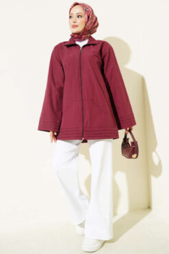 Alternative view of Ribbed High-Collar Zip-Up Coat Burgundy