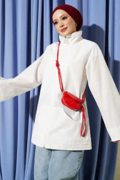 Ribbed High-Collar Zip-Up Coat Ecru