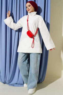 Alternative view of Ribbed High-Collar Zip-Up Coat Ecru