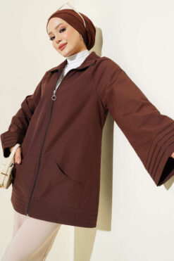 Ribbed High-Collar Zip-Up Coat Brown