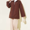 Ribbed High-Collar Zip-Up Coat Brown - الصورة 2