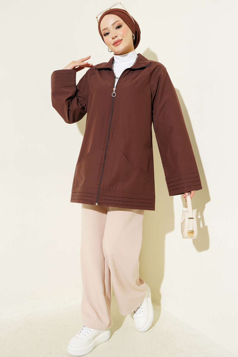 Ribbed High-Collar Zip-Up Coat Brown - الصورة 2