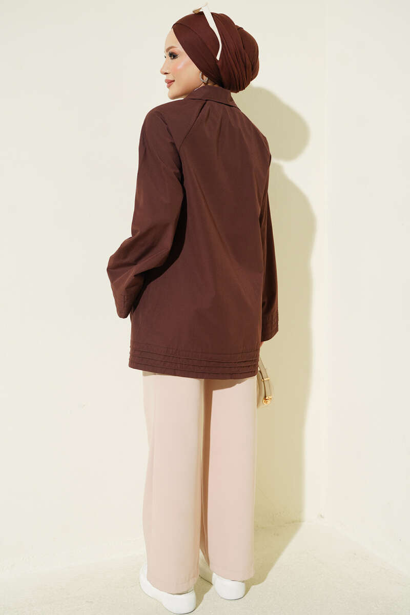 Ribbed High-Collar Zip-Up Coat Brown - الصورة 3