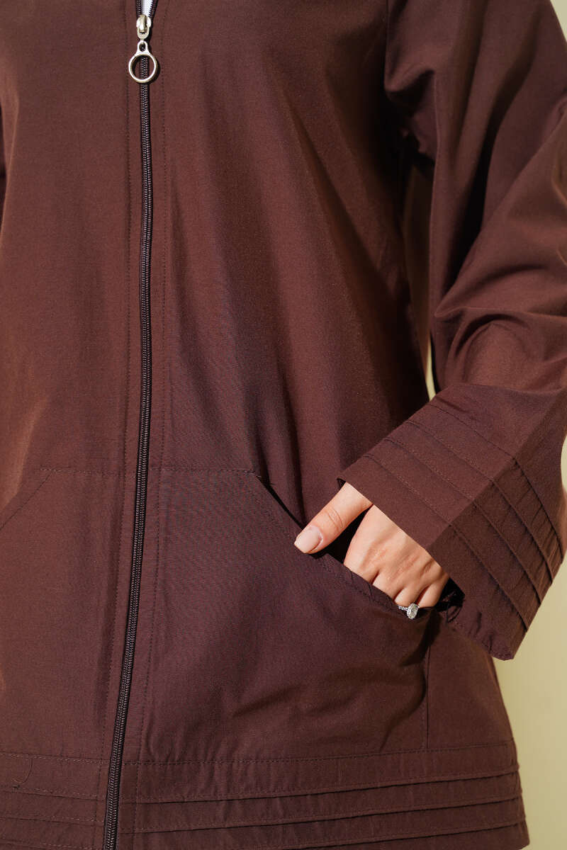 Ribbed High-Collar Zip-Up Coat Brown - الصورة 4