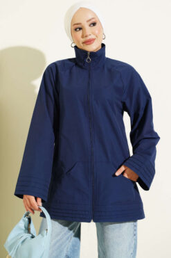 Ribbed High-Collar Zip-Up Coat Navy Blue