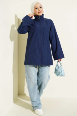 Alternative view of Ribbed High-Collar Zip-Up Coat Navy Blue