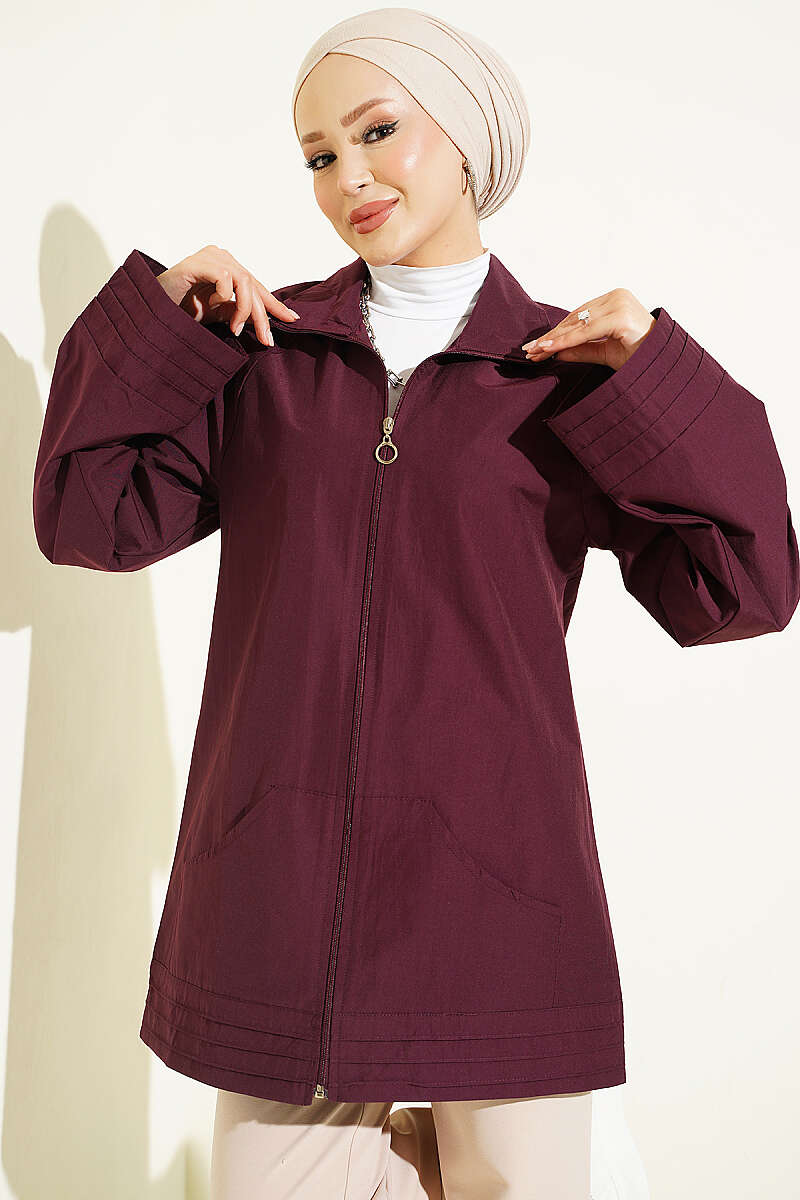 Ribbed High-Collar Zip-Up Coat Plum