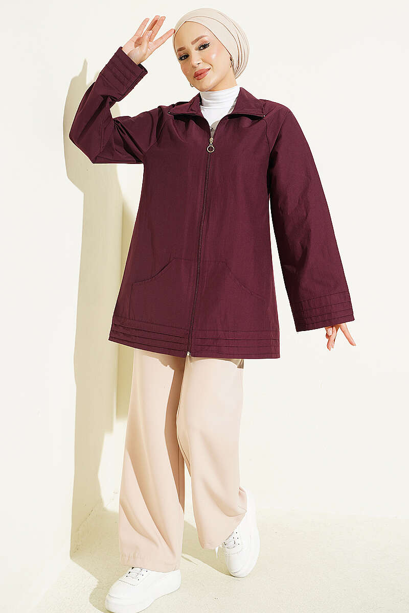 Ribbed High-Collar Zip-Up Coat Plum - الصورة 2