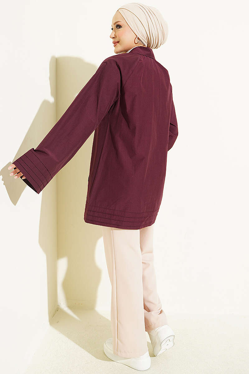 Ribbed High-Collar Zip-Up Coat Plum - الصورة 3