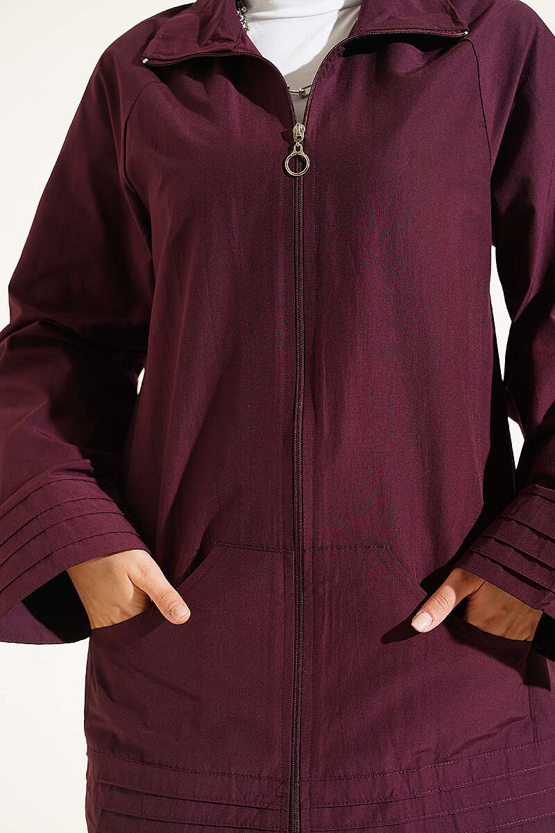 Ribbed High-Collar Zip-Up Coat Plum - الصورة 4