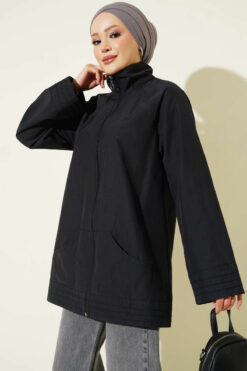 Ribbed High-Collar Zip-Up Coat Black