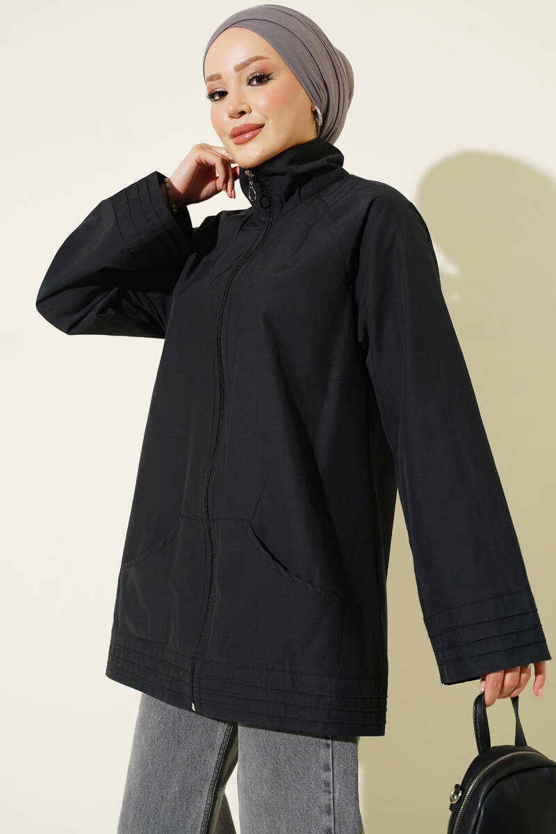 Ribbed High-Collar Zip-Up Coat Black