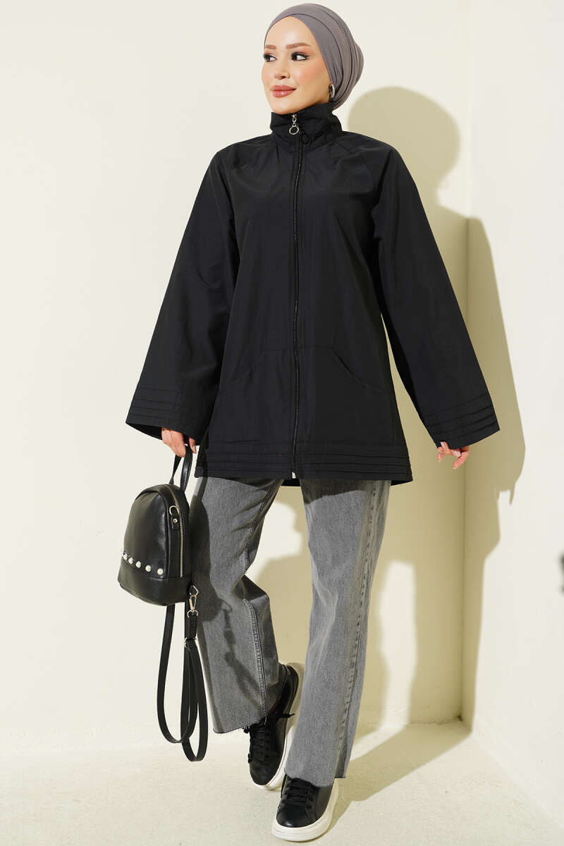 Ribbed High-Collar Zip-Up Coat Black – Bild 2
