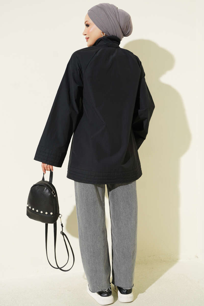 Ribbed High-Collar Zip-Up Coat Black – Bild 3
