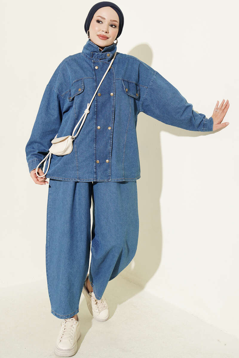 Fitted High-Collar Zip-Up Denim Two-Piece Set Light Blue