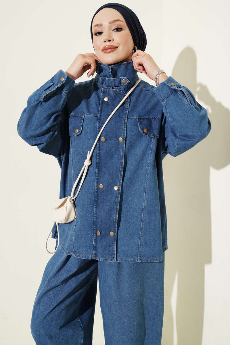 Fitted High-Collar Zip-Up Denim Two-Piece Set Light Blue - الصورة 2