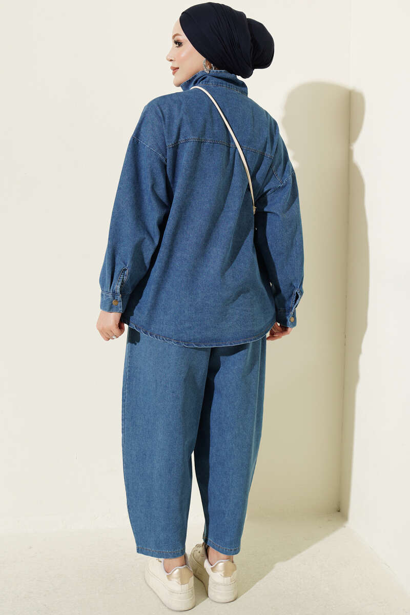 Fitted High-Collar Zip-Up Denim Two-Piece Set Light Blue - الصورة 3