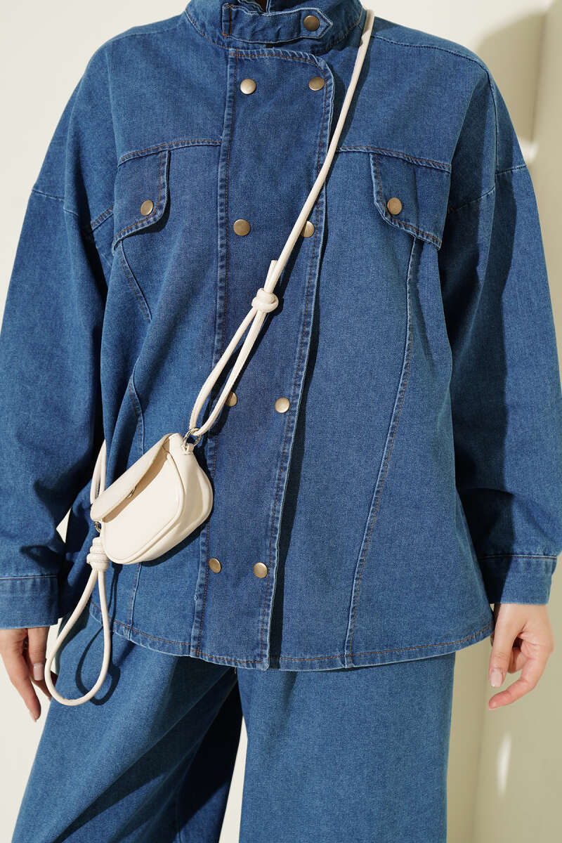 Fitted High-Collar Zip-Up Denim Two-Piece Set Light Blue - الصورة 4