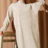 High Neck Ribbed Knit Dress Beige – Image 2