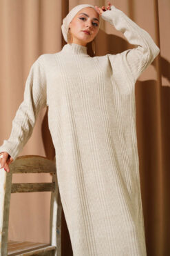 Alternative view of High Neck Ribbed Knit Dress Beige