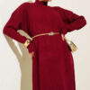 High Neck Ribbed Knit Dress Burgundy – Image 2