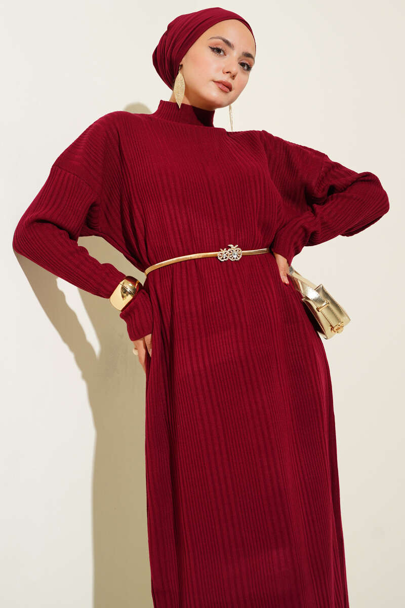 High Neck Ribbed Knit Dress Burgundy – Image 2